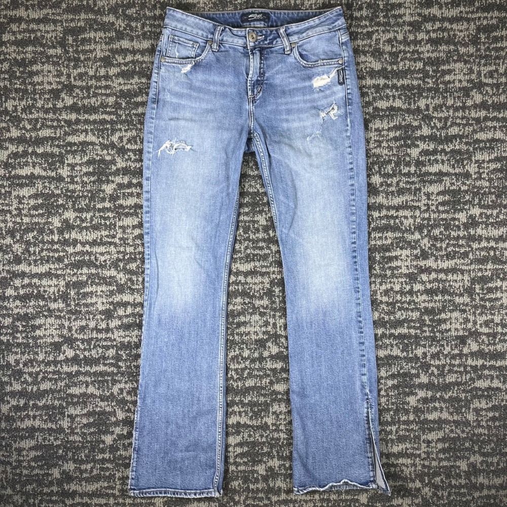 Silver Jeans Avery Slim Bootcut Jeans Womens W29 L33 Blue Distressed Side Slit